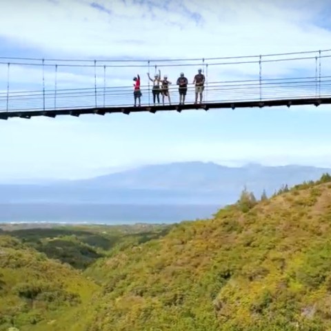 People standing on the Kapalua Suspension Bridge with sky and a hill in the background